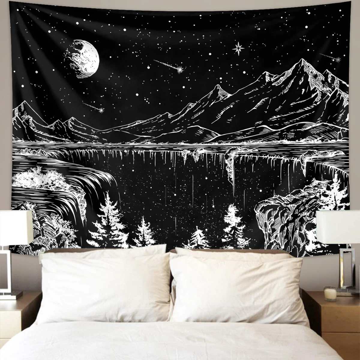 1 Stück schwarz-weißer abstrakter Landschafts-Wandteppich, Sternennacht-Berg-Wandteppich, ästhetischer Mond- und Stern-Wandteppich im Schlafzimmer