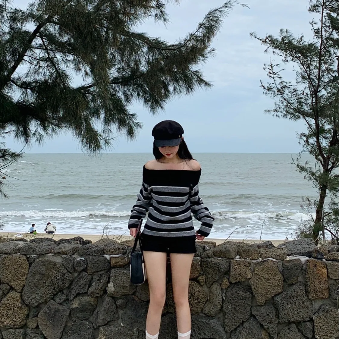 

Полосатый трикотаж на одно плечо, осень-зима, новый дизайн Sle, сенсационный свитер с открытыми плечами, женский Faion Long Sve