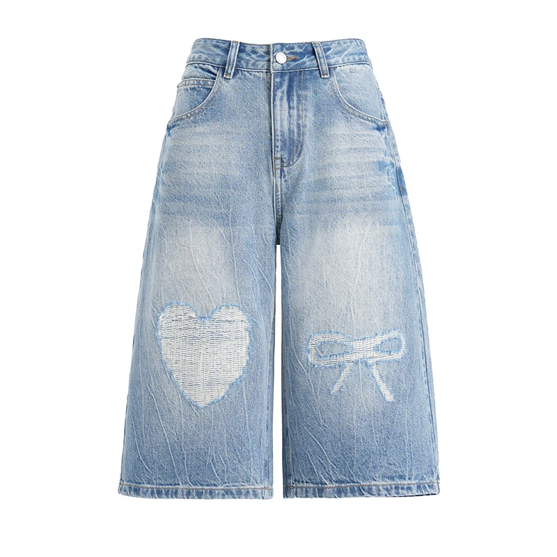 Summer Casual Wide Leg Women s Jeans with Heart Embroidery Loose Cropped Pants American Retro