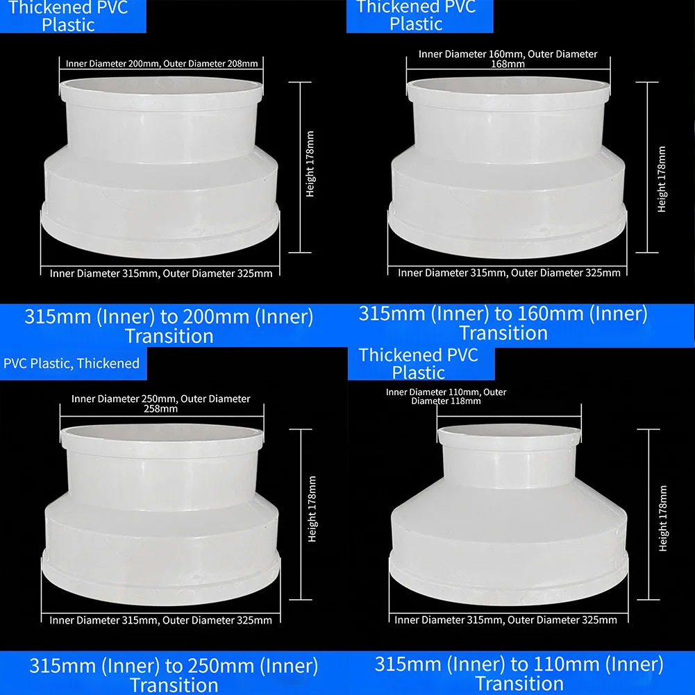 1pcs PVC Increaser/Reducer Coupling Adapter For 110mm, 160mm, 200mm, And 250mm Sewer Systems For Home Plumbing And Kitchen