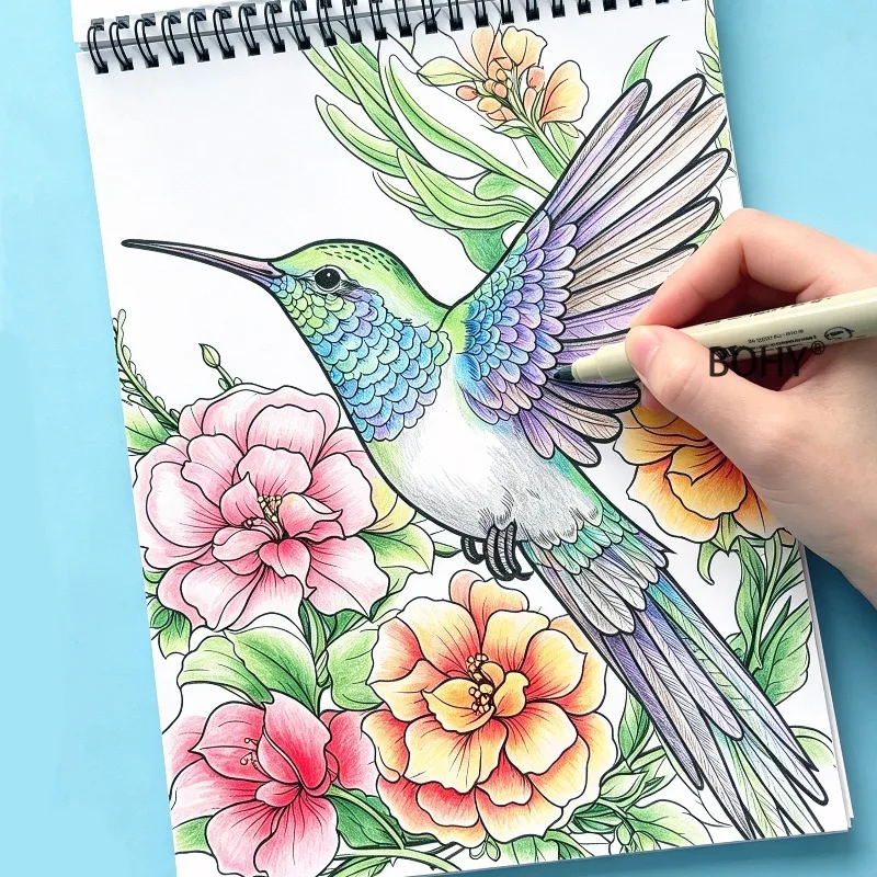 1 Large-sized Natural Style Painting Book, Include Art Drafts with Themes Such As Flying Hummingbirds/blooming Flowers, 32 Pages