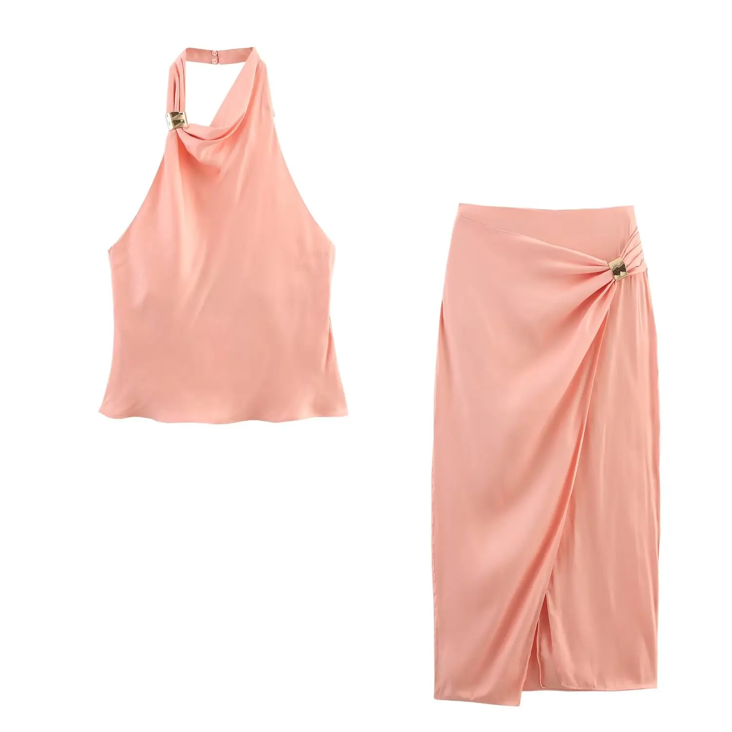 TRAFZA Women's Elegant Golden Inlay Decorate Satin Texture Sleeveless Hanging Neck Collar Top+Midi Back Zipper Slit Skirt Suit