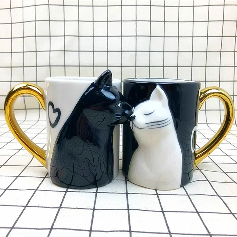 2pcs Luxury Kiss Cat Cups Couple Ceramic Mugs Married Couples Anniversary Morning Mug Milk Coffee Tea Breakfast Valentines Day