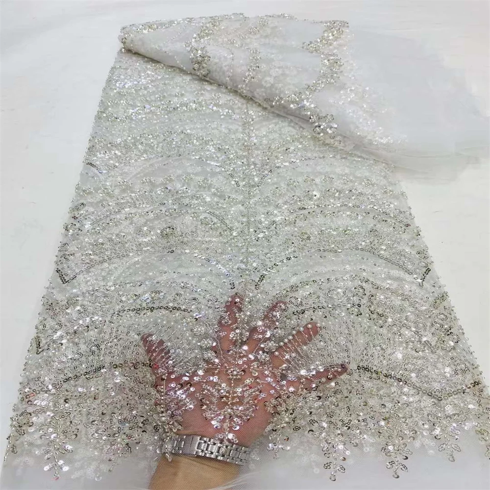 

2024 Latest African Beaded Lace Fabric Embroidery French Mesh Sequins Lace Fabric Nigerian Tulle Lace For Party Wedding Dress