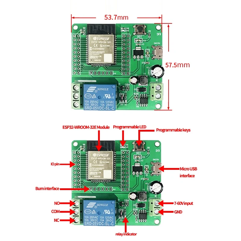 Fuente de alimentación de DC5-60V, módulo de relé único ESP32, placa de desarrollo ESP32 personalizada, Kits de módulos electrónicos de ESP32-WROOM para IoT