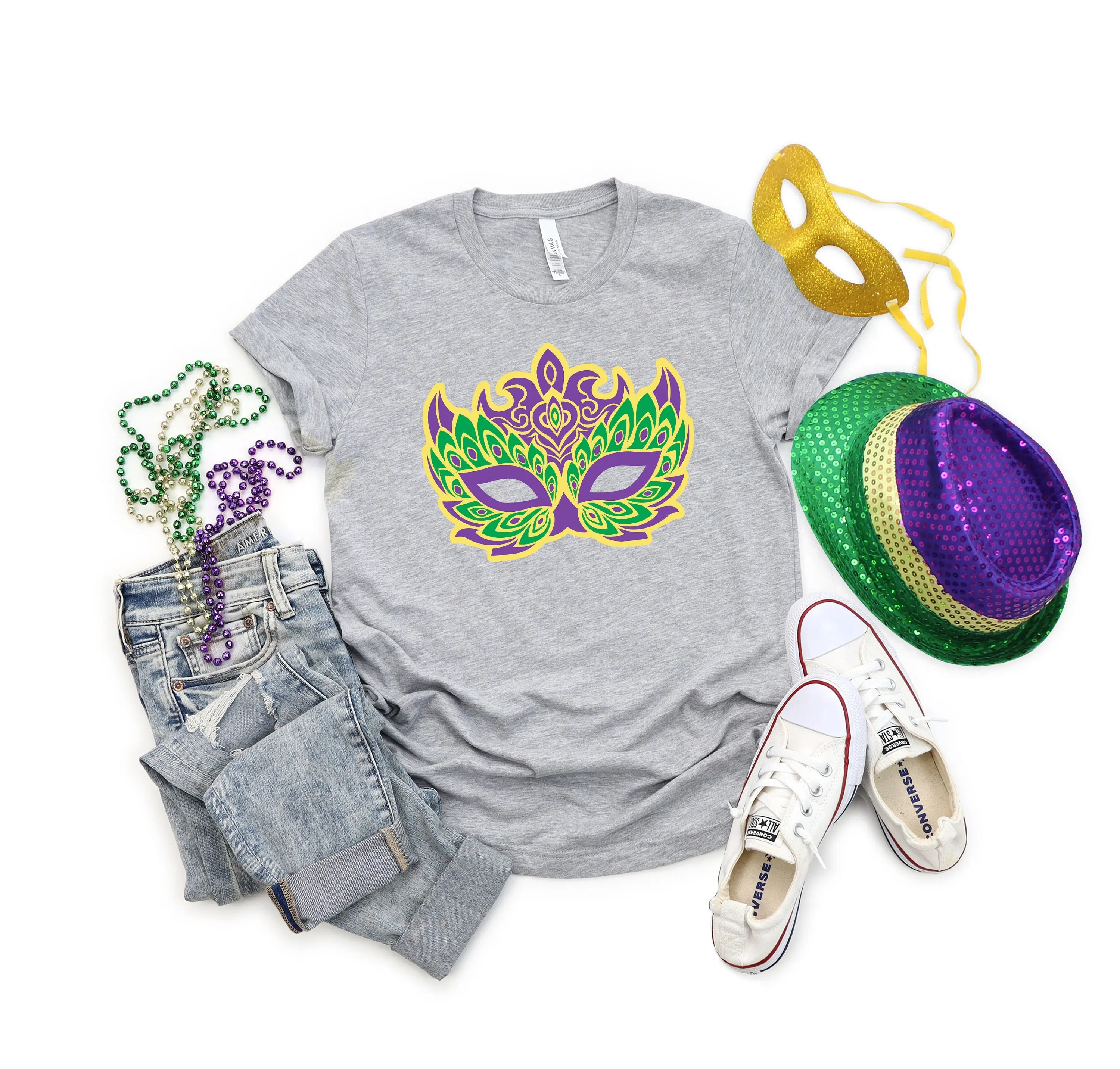 Mardi Gras T Shirt Louisiana NO GLITTER Mask Fleur De Lis Fat Tuesday Flower luce