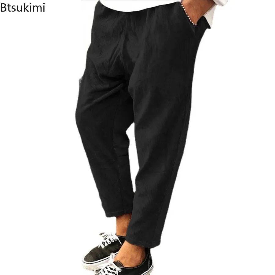 New 2025 Men's Corduroy Ankle Length Pants Fashion Solid Drawstring Straight Pants Male Business Casual All-match Trousers S-5XL