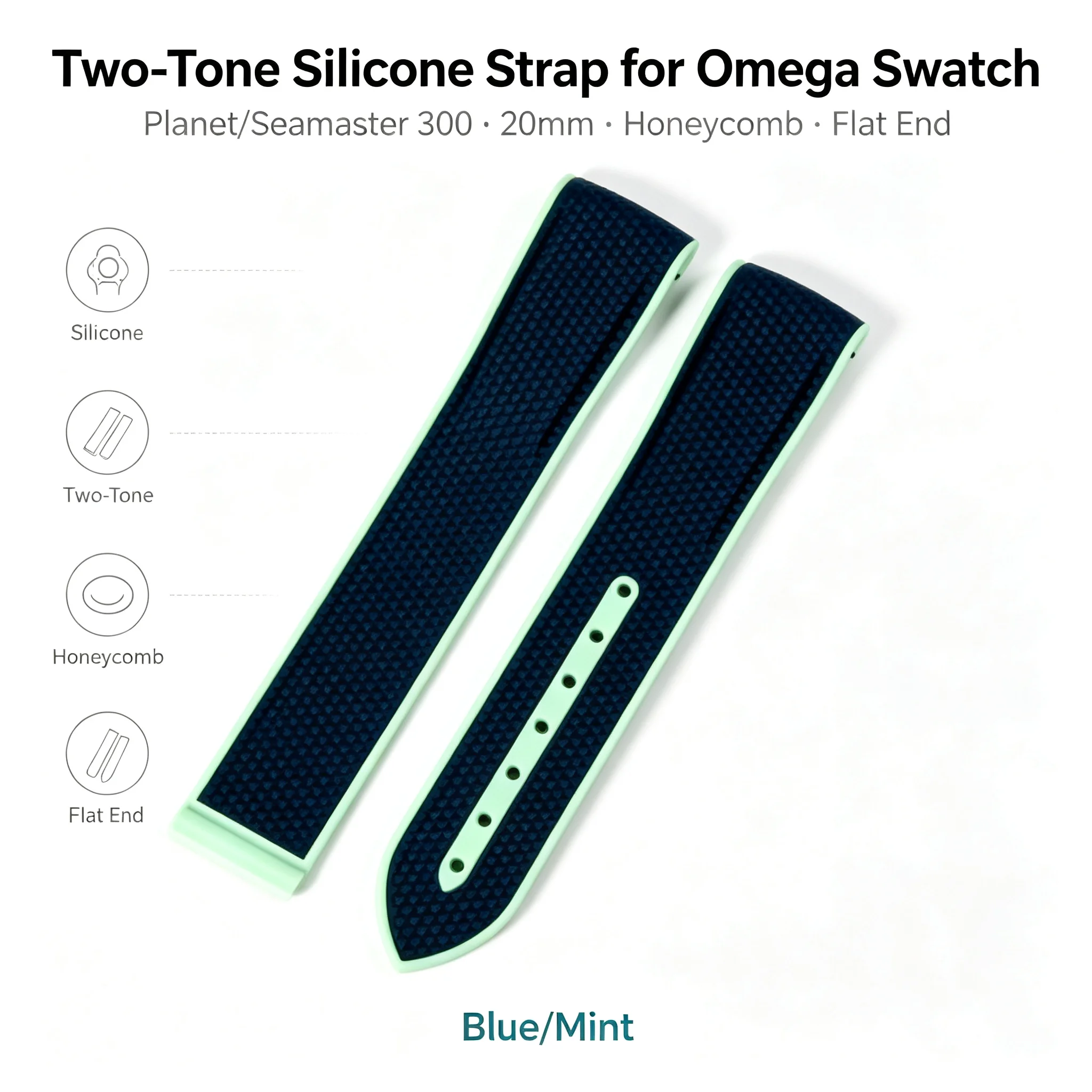 Premium Two-Tone Silicone Strap for Omega Swatch Planet Seamaster 300 20mm Honeycomb Texture Soft Flat Replacement Watch Band