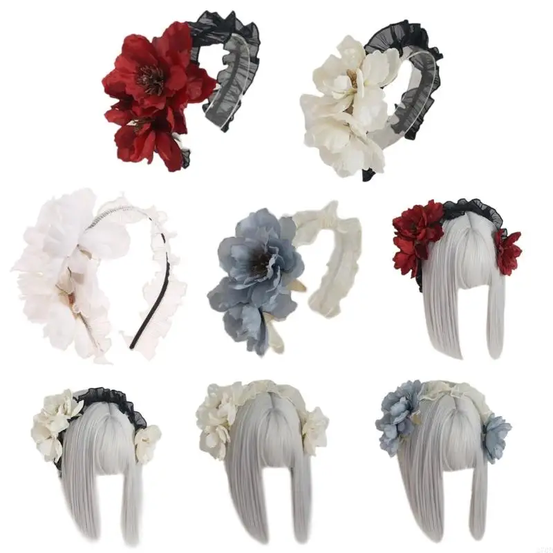 

270D Women Maid Cosplay Hair Hoop Gothic Headband with Big Flowers Decors for Party