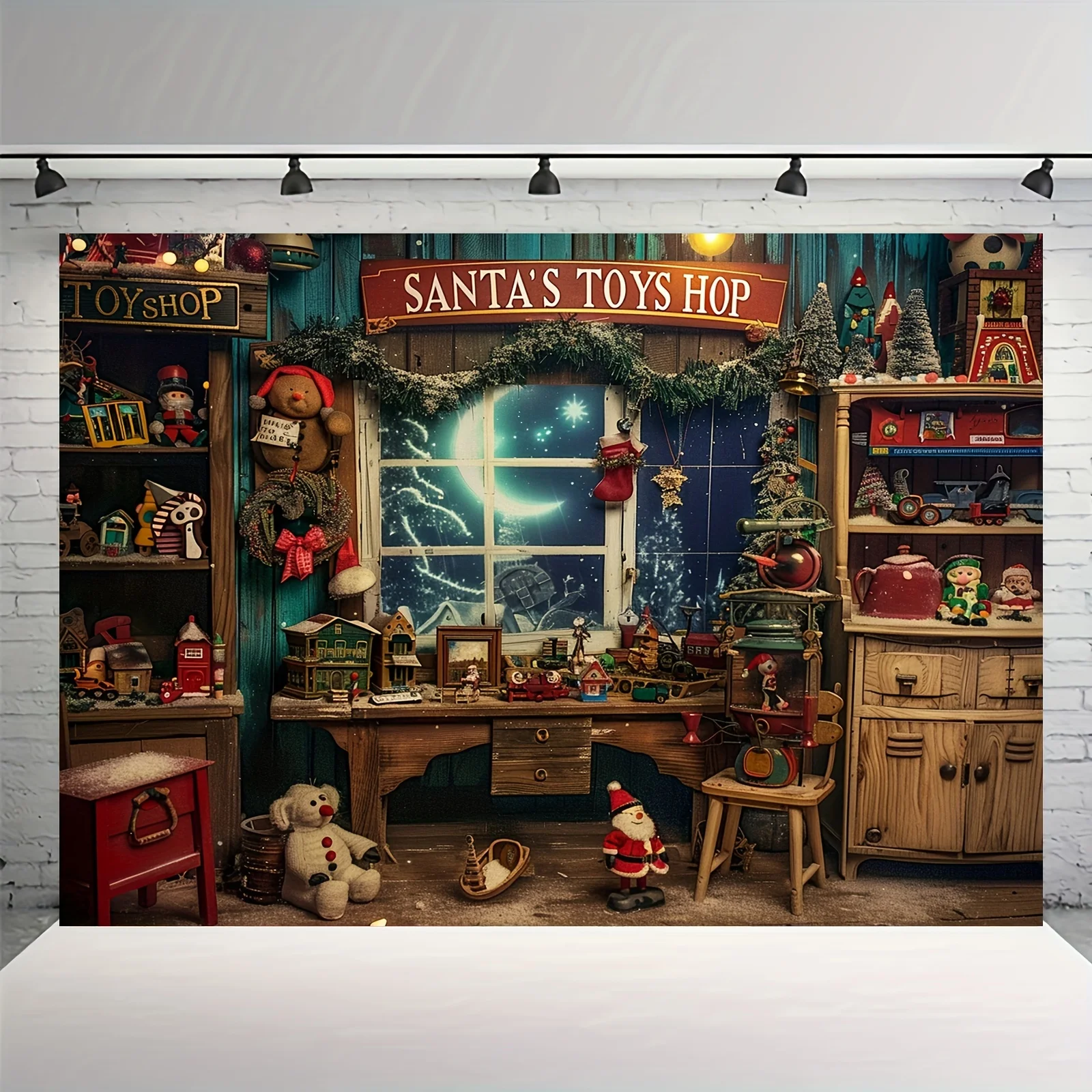 Santa Claus Toy Store Christmas Background Cloth - Snow and Moon Patterns, Suitable for Family Portraits and Party Decoration