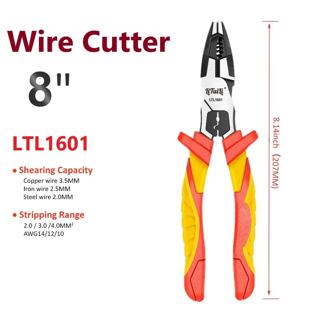 LiTuiLi VDE Pliers 8 Inch Isolated Wire Stripper Cr-V Wire Cutter Professional Electrician Tool Crimp and Cable Cutter