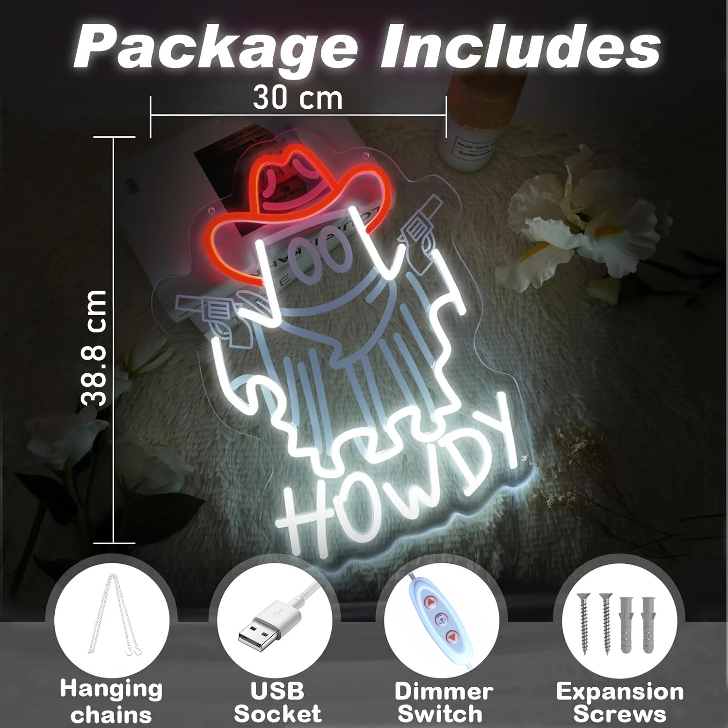 Cowboy Ghost Neon Light Sign - Howdy Halloween USB LED Wall Hanging Decor for Western Theme Bar, Farm, Man Cave & Gift Idea