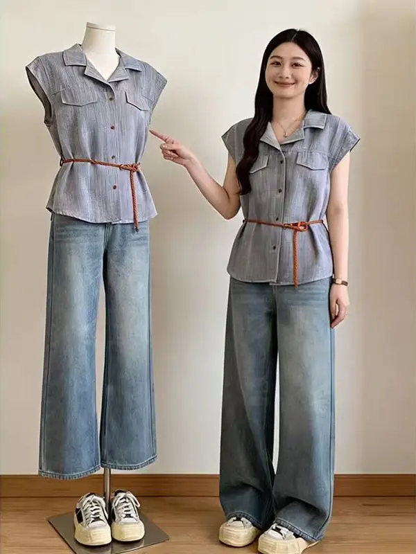 

Light Blue V-Neck Short Sleeve Shirt Women's Korean Style Commute Wind Loose Fit Belted Waist Top Summer New Arrival plus Size
