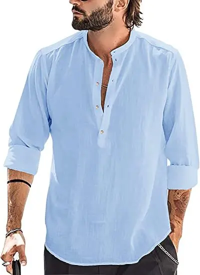 Men Stand Collar Half Button Henley Shirt Roll Up Long Sleeve Loose Linen Blouse Casual Daily Vacation Lightweight Top