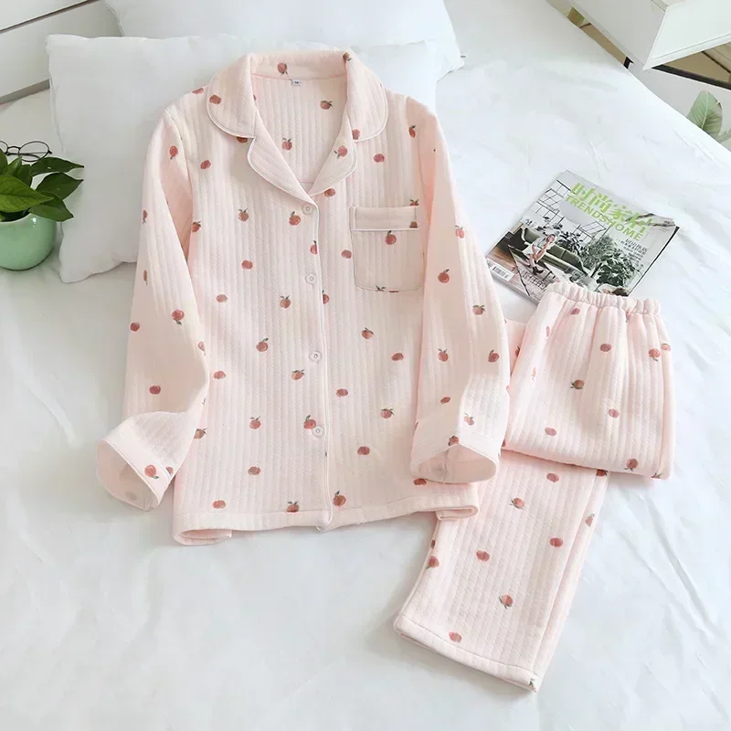 Japanese new style autumn and winter long-sleeved trousers, pure cotton air cotton, warm ladies pajamas, home service sleepwear