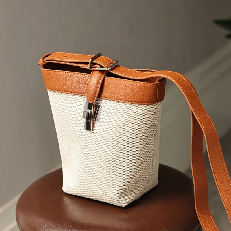 

Korean Casual Small Bucket Bags For Women Luxury Designer Handbags And Purses 2025 New In Canvas Lock With Inner Pocket Shoulder