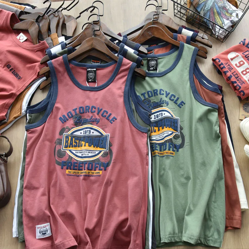 American Letter Print 100% Cotton Sleeveless Vest for Men Vintage Summer Casual Loose Versatile Camisole T-shirt Tees Tank Tops