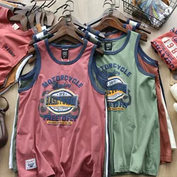 American Letter Print 100% Cotton Sleeveless Vest for Men Vintage Summer Casual Loose Versatile Camisole T-shirt Tees Tank Tops