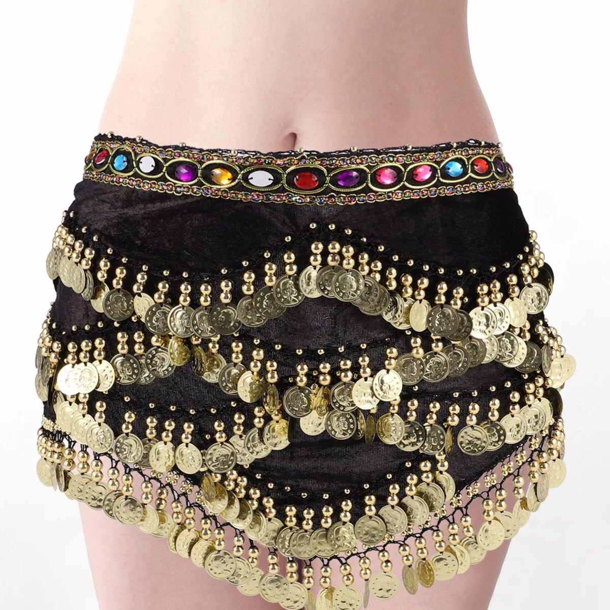 1개 인도 허리 체인 블랙 벨리댄스 벨트 다이아몬드 코인 장식 가벼운 힙 스카프 여성용 스커트 댄스 액세서리