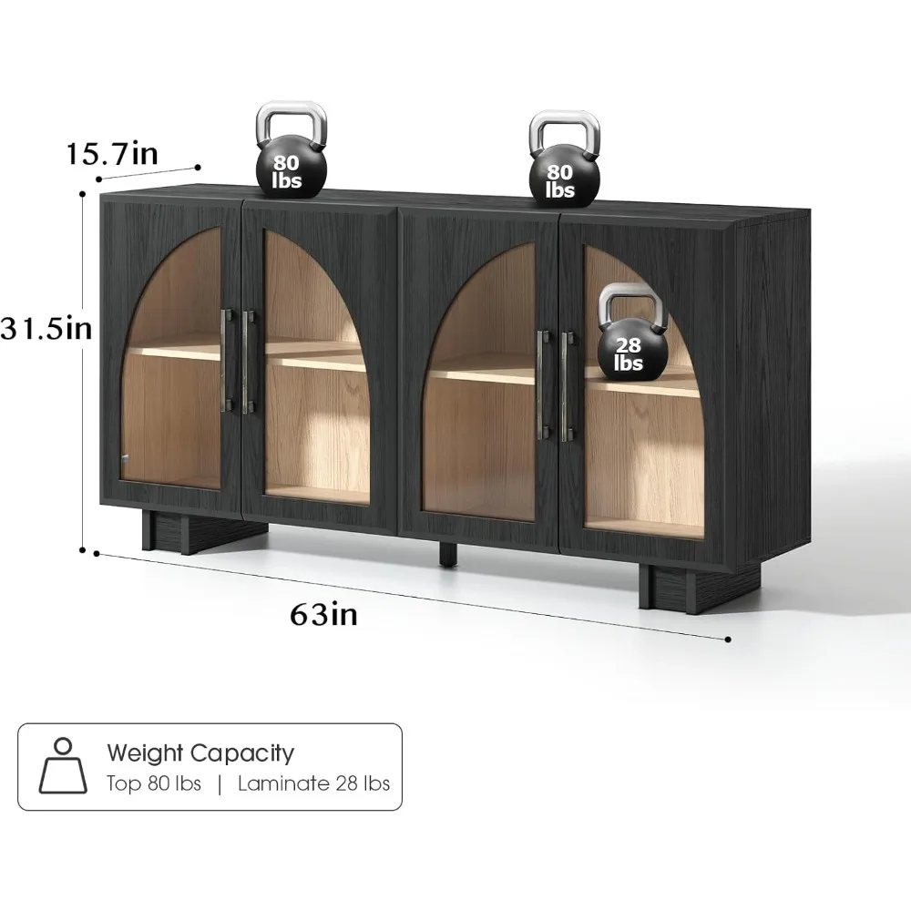 Accent Cabinet with Glass Doors, Sideboard Buffet Cabinets with Storage, Arched Cabinet with Adjustable Shelves, Credenzas