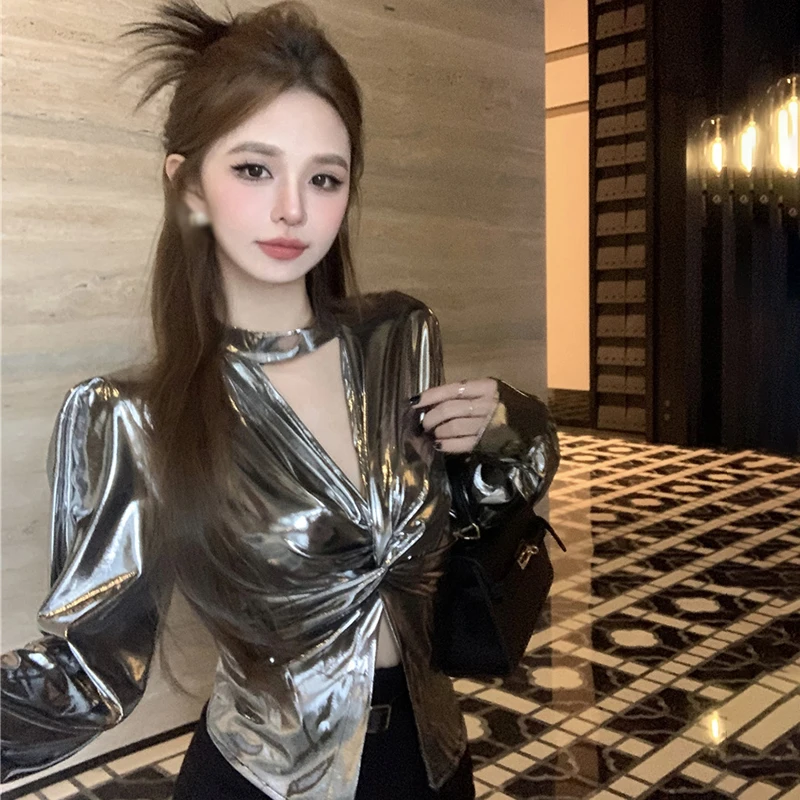 Halterneck V-Neck Long Sleeve Top For Women Silver Slim Fit Sexy Crop Top Party Club Hottie Street Wear All-Match Spring Fall