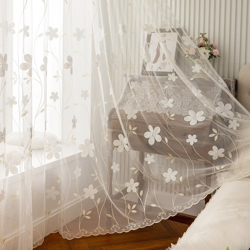 European Simple cream white embroidered window screen French balcony light transmission Custom Size Fashion modern bedroom