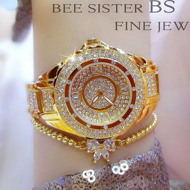 BS bee sister Brand Luxury Women\'s Watch Gold Rhinestone Wristwatch Stainless Steel Silver Diamond Ladies Watch