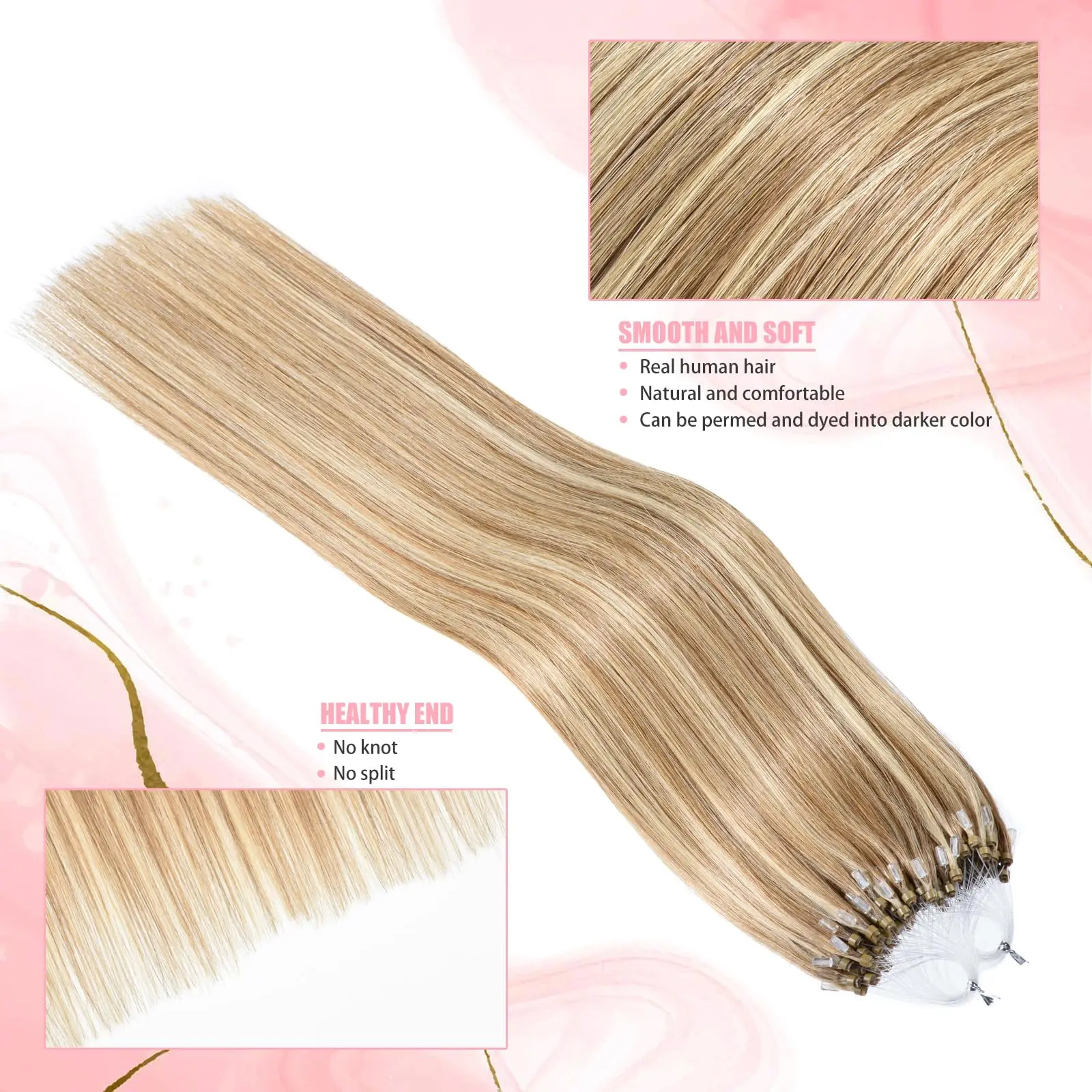 وصلات حلقة دائرية صغيرة من الشعر البشري بنسبة 100%، حلقات صغيرة لحمة مستقيمة لتطبيق سهل الضرر مجانًا