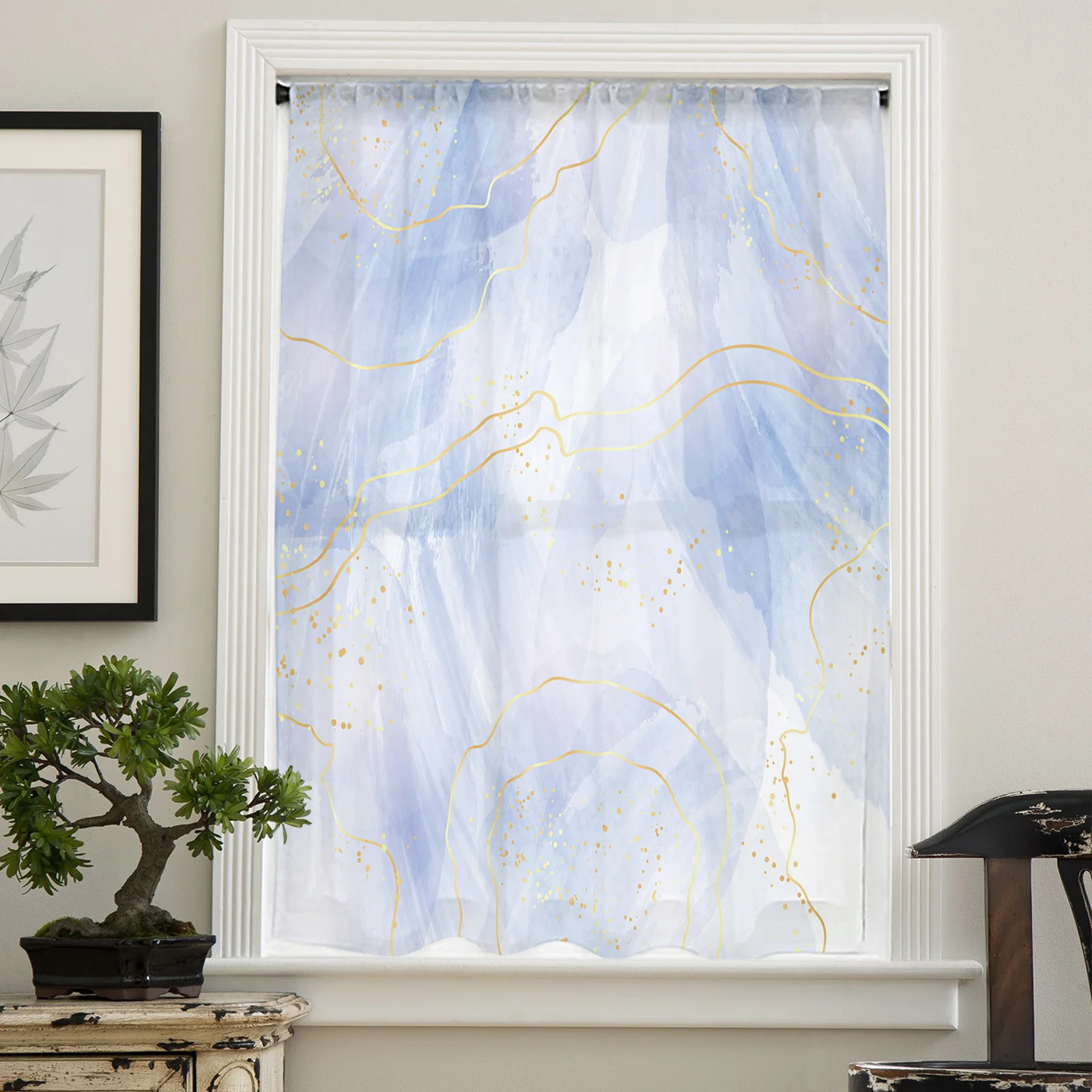 Marble Line Gold Gradient Overlap Blue Sheer Curtains Living Room Bedroom Kitchen Decoration Window Voiles Organza Tulle Curtain