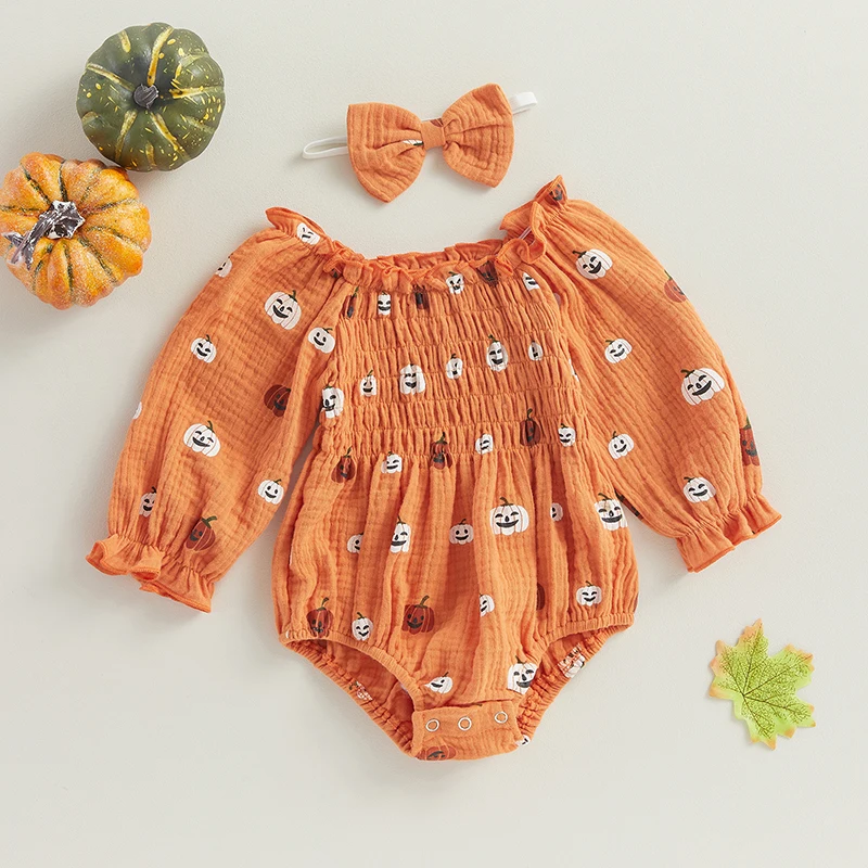 

Baby Girl Halloween outfit Cute Pumpkin Romper Long Sleeve Bodysuit First Halloween Outfit Newborn Girl Fall Clothes