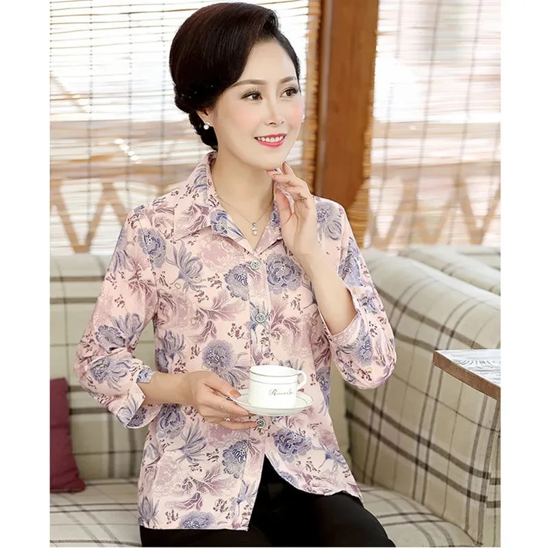 Middle Age Women Blouse Summer New Casual Fashion Mother Three Quarter Sleeves Shirt Print Cardigan Blusa Feminina Tops 5XL W961