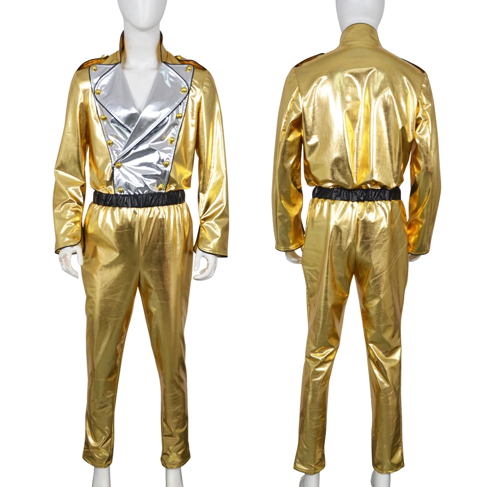 Tenue de mode disco des années 70 pour hommes, ensemble veste et pantalon métalliques brillants à double boutonnage, costume de danse de chanteur de rock doré, Costume de Cosplay