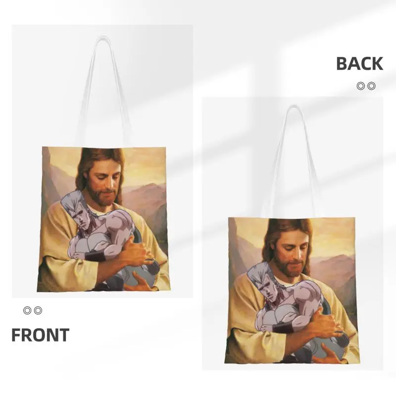 Jesus Holding Polnareff Groceries Shopping Tote Bags Women JoJo's Bizarre Adventure Canvas Shopper Shoulder Bags Handbags