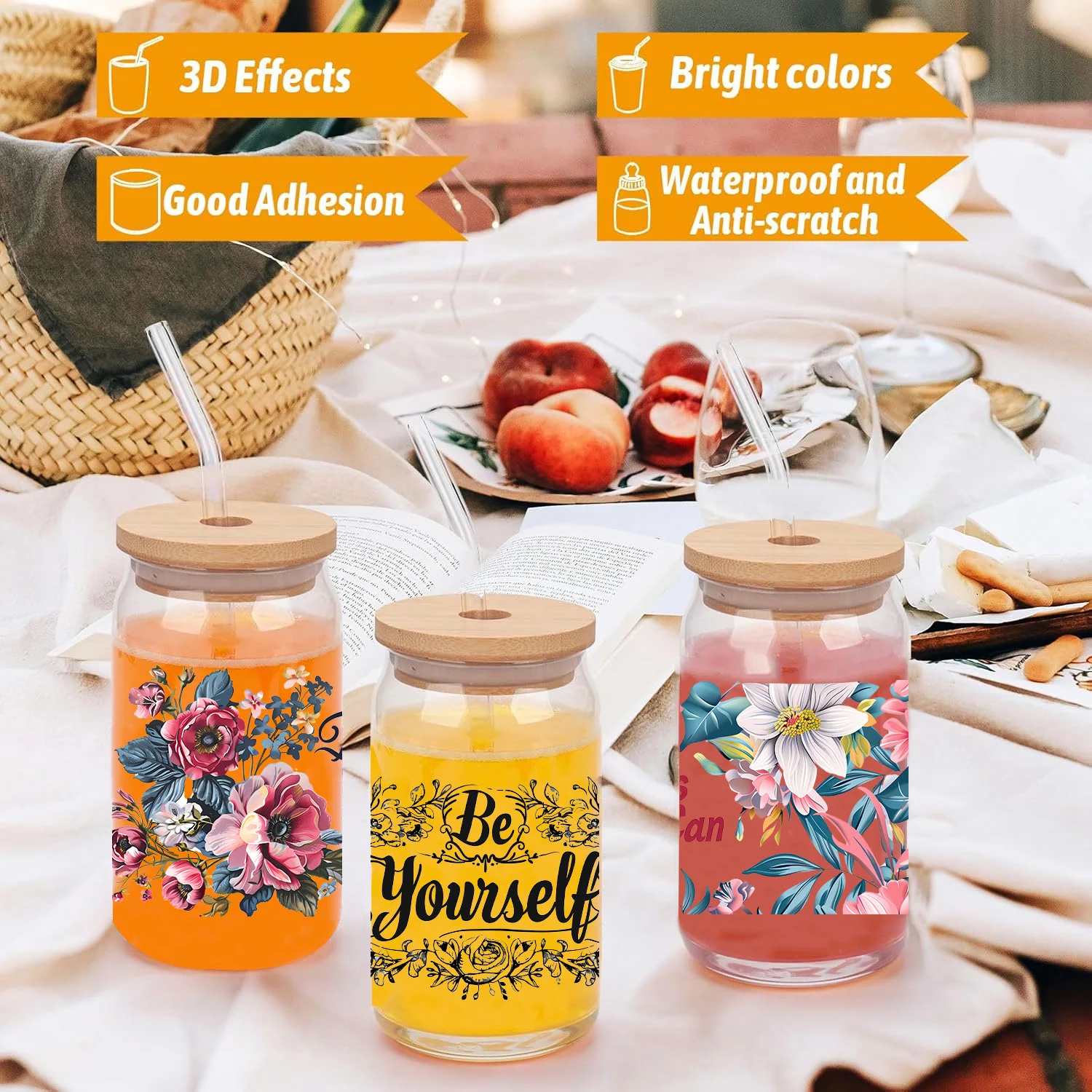 Self-Improvement peel waterproof DIY Decals 3D transfers uvdtf crystal stickers 16oz uv dtf cup wraps for Libbey Glasses