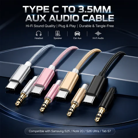 Type C to 3.5mm Aux Audio Cable Adapter Car Aux Headphone Jack with Auxiliary Power Flat Port for iPhone 17 16 Samsung S25 S26