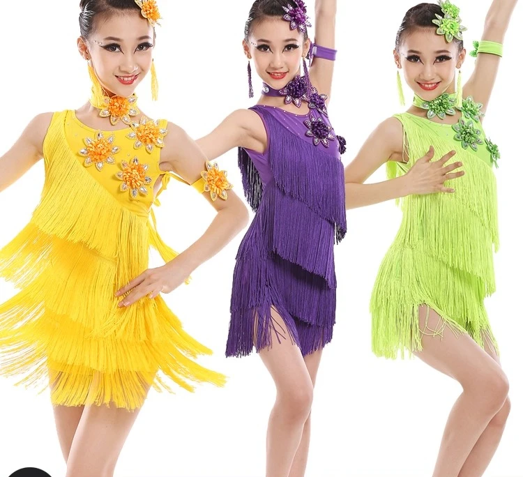 

New sequined tassel dress for children's and girls' Latin dance performance and competition