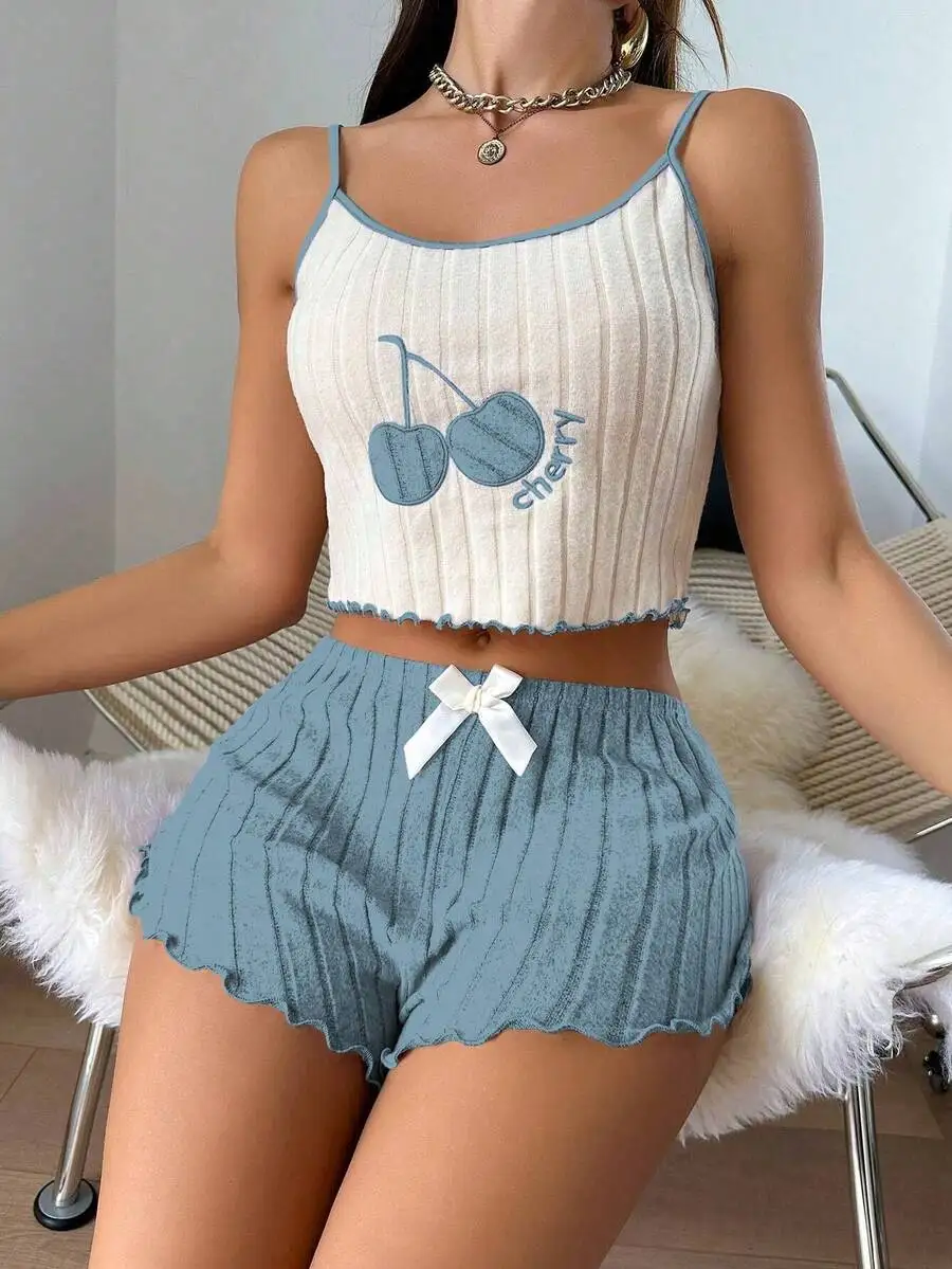 

Women Fleece Cami And Shorts Loungewear Set Cherry Embroidery Ruffle Trim Sleepwear Cozy Home Pajamas