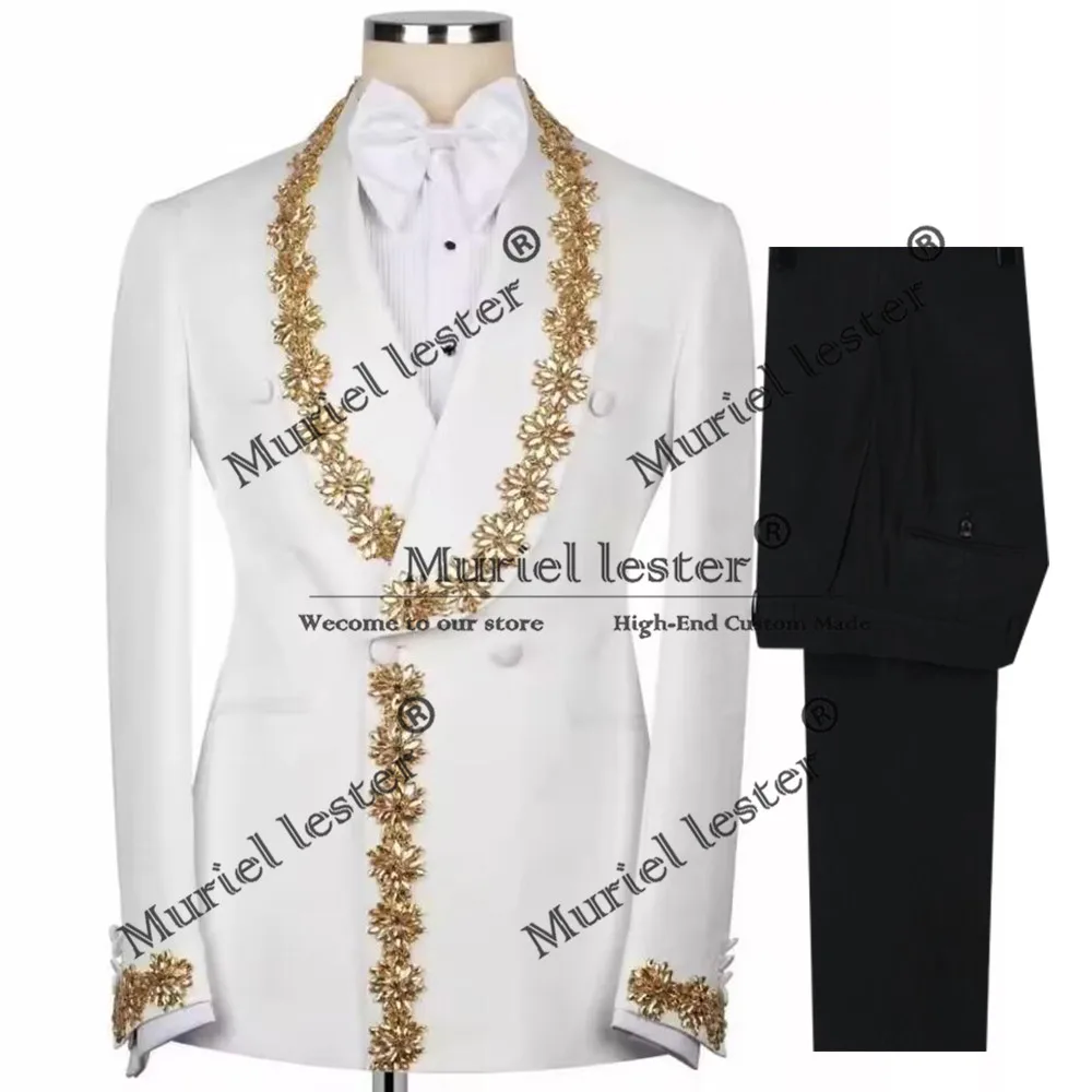 

Luxury Jewelry Stones Wedding Suits For Men Shawl Lapel Double Breasted Jacket Pants 2 Pieces Groom Tuxedos Customized Clothing