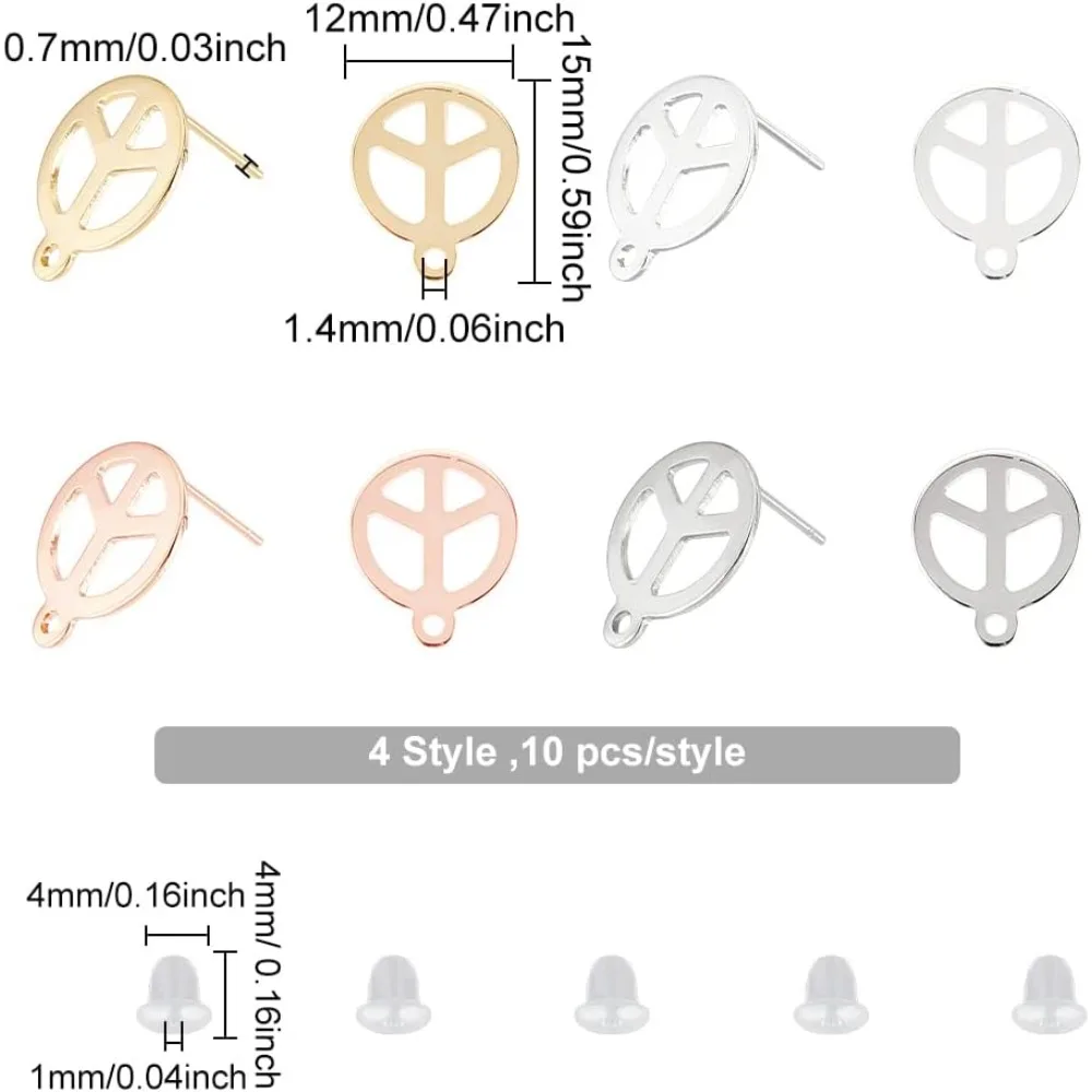 40Pcs 4Colors Peace Sign Stud Earrings Stainless Steel Stud Earring Findings with 1.4mm Loops  Small Round Earrings Post for DIY