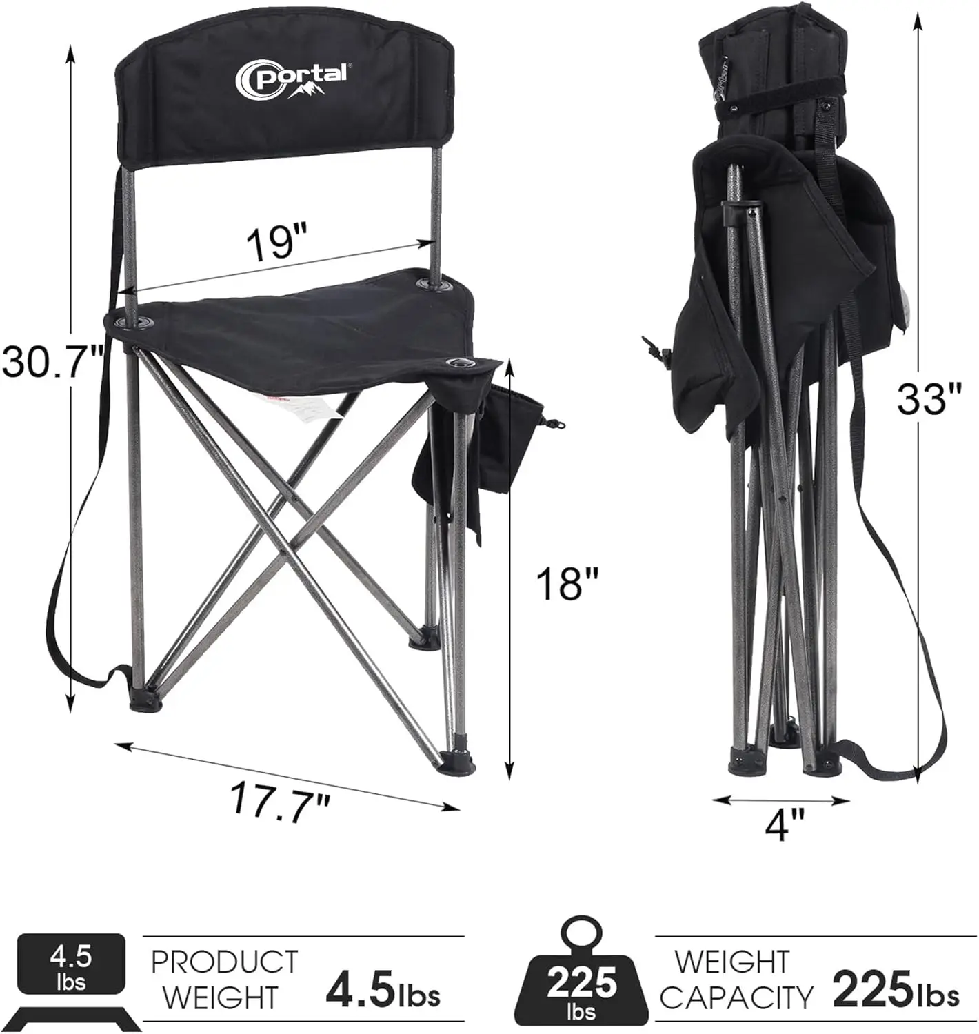 Extra Large Quick Folding Tripod Stool with Backrest for Fishing Camping and Outdoor Adventures