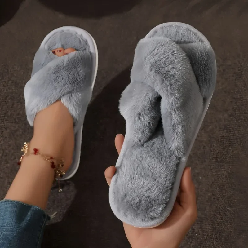 

2024 Winter Warm Fur Home Slippers Woman Comfortable Soft Sole Non Slip Indoor Shoes Fashion Cross Strap Fluffy Slippers Women