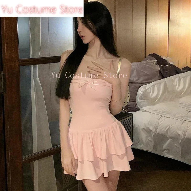 

2025 Dress Women Summer New Fashion Bow Sleeveless Sexy Strapless Sweet Pink Dresses Bodycon Streetwear Club Lady Party Dress
