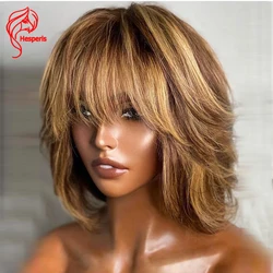 Hesperis Honey Blonde Highlight Full Machine Made Wigs Human Hair Brazilian Remy Short Bob Cut Wig With Bangs Scalp Top Ombre