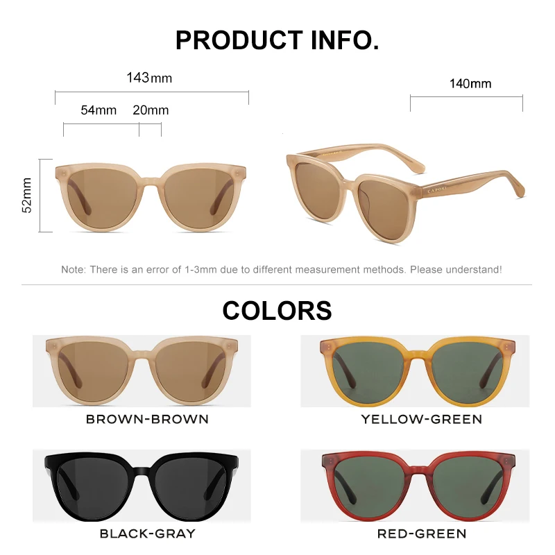 CAPONI Fashion Women Sunglasses Korea Brand Desinger Vintage Eyewear Muticolor Retro Superstar Sun Glasses For Female CP31031