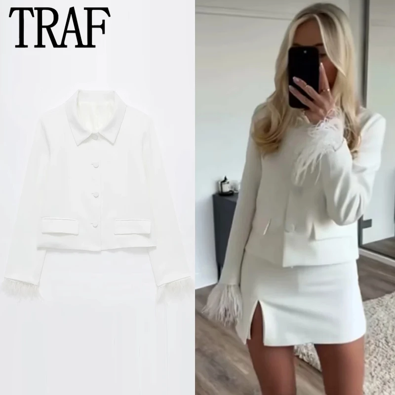 TRAF Feather Cropped Blazer Women\'s Blazers Spring Summer 2024 White Long Sleeve Lapel Collar Blazer New In Coats Elegant Blazer