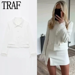 TRAF Feather Cropped Blazer Women's Blazers Spring Summer 2024 White Long Sleeve Lapel Collar Blazer New In Coats Elegant Blazer