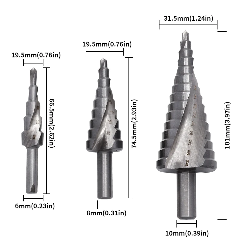 Broca escalonada de flauta en espiral HSS, 4-12/20/32mm, broca cónica de mango triangular, abridor de agujeros de Pagoda, herramienta de perforación