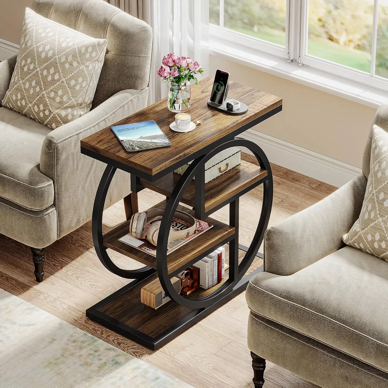 End Table for Living Room, 4-Tier Narrow Side Table with Storage Shelves, Industrial Bedside Table for Bedroom, Wood Small - view 5