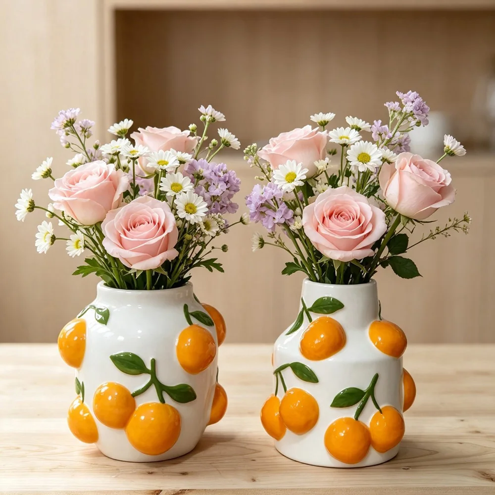 Creative Embossed Orange Ceramic Vase, Decorative Desktop Flower Vase for Fresh or Dried Flowers, Art Tabletop Home Decoration
