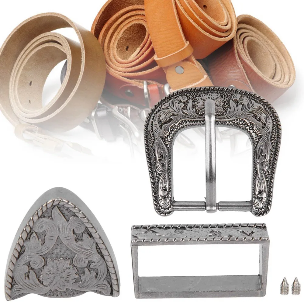 Vintage Style Cowboy Belt Buckle Antique Silver Carving Design Alloy Waist Buckle 3 Module Set 40mm Inner Diameter